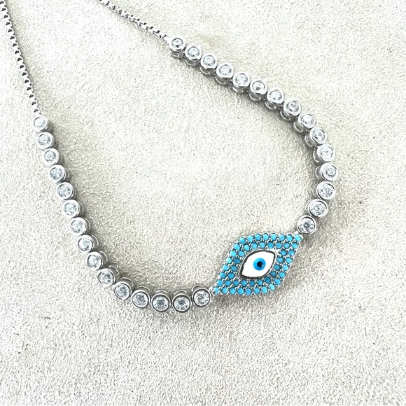 EVIL EYE Dainty 925 Sterling Silver Cz Rhinestone w Enamel Adjustable Bracelet - Picture 11 of 12